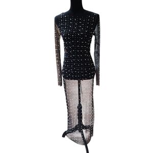 Elegant Sheer Black Dress With Rhinestones and Pearls